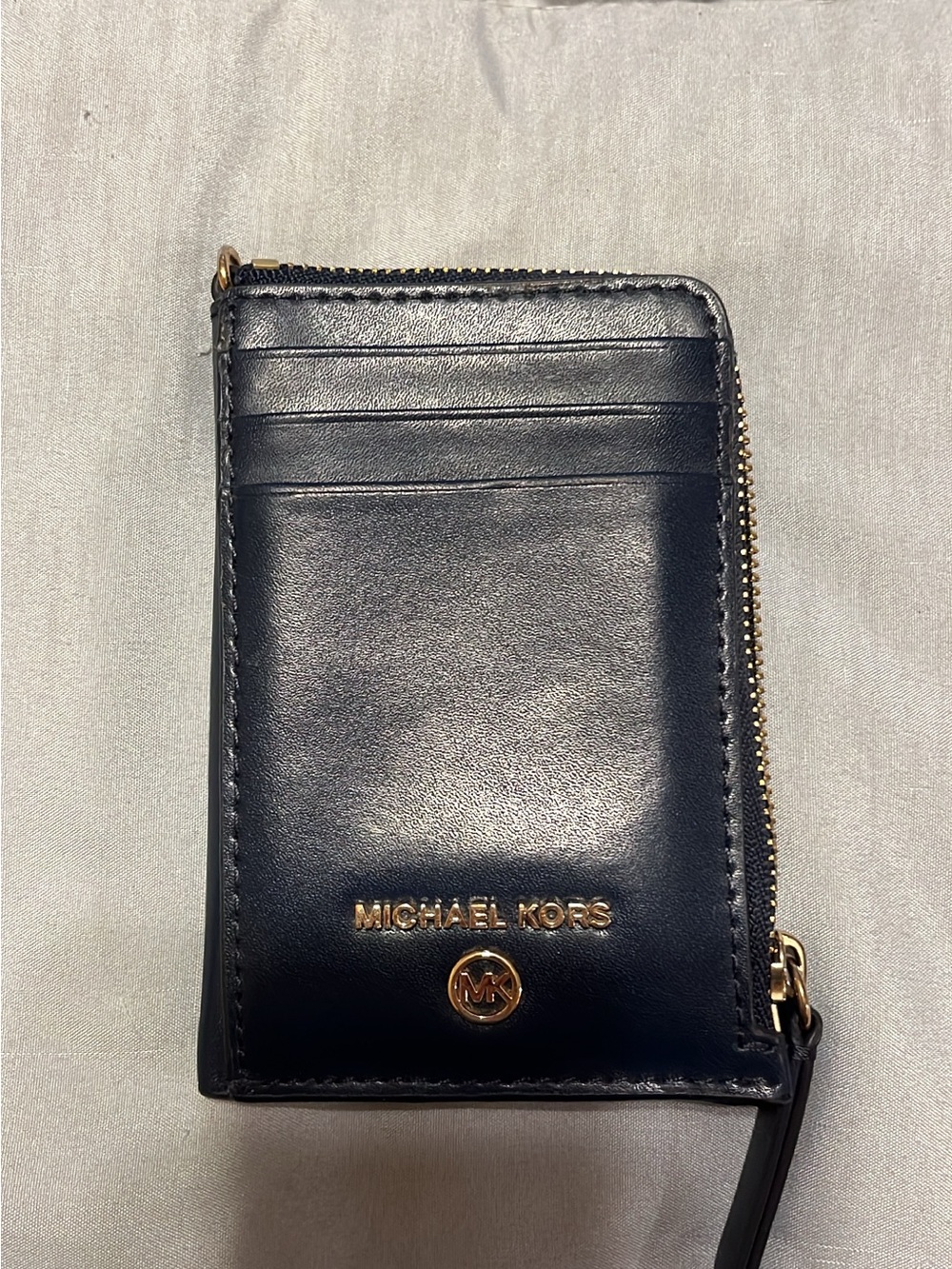 Michael Kors Black Leather Zip Card Holder with Gold Hardware